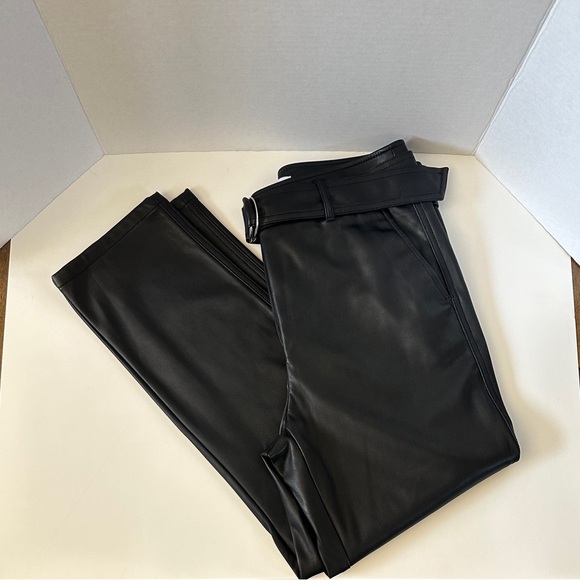 LOFT Black Faux Leather Straight-Leg Pants with Belt - Picture 2 of 3
